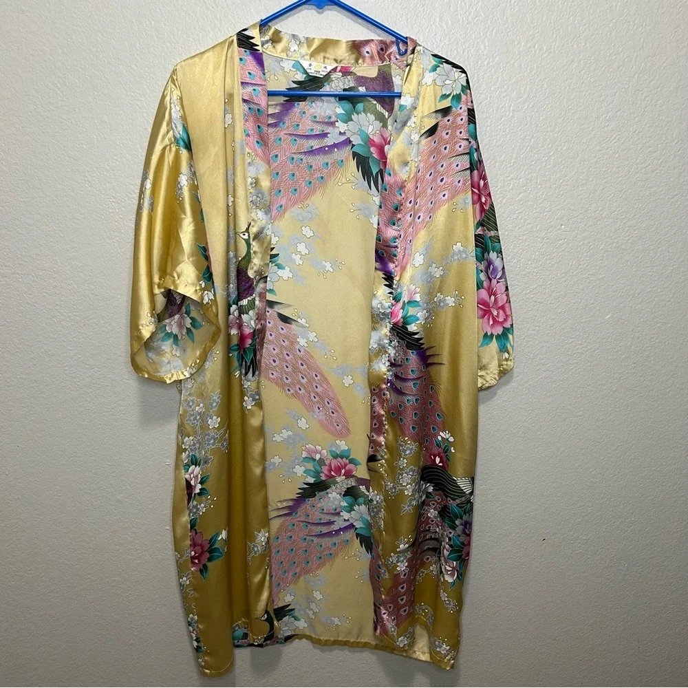 Jin Hon Gold Satin Peacock Floral Kimono Robe OS Artsy Loungewear Lightweight